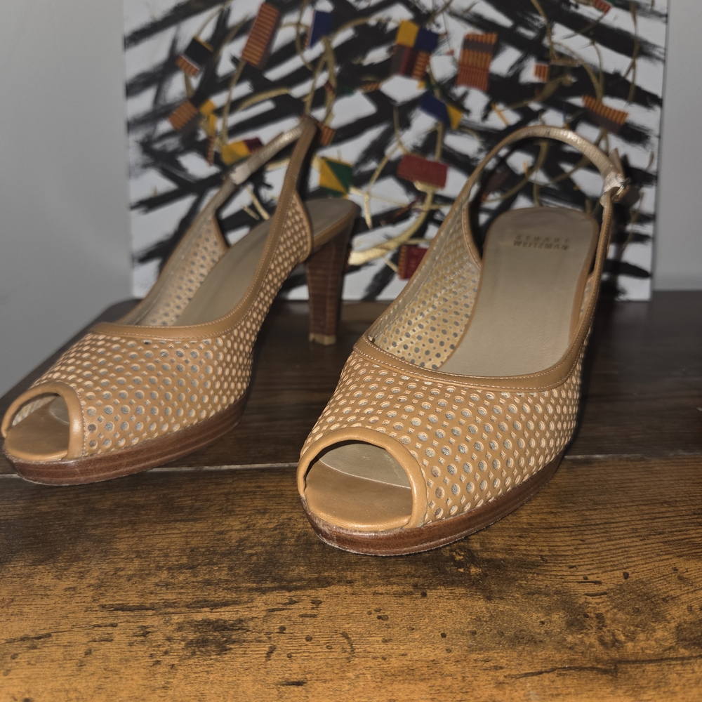 Stuart Weitzman Tan Peep-Toe Slingback Heels